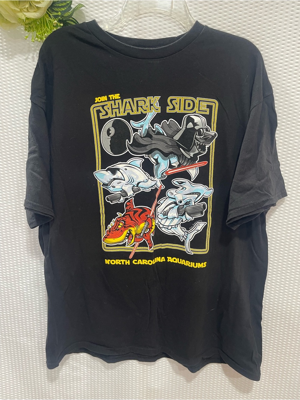 Delta Black 'Shark Side' Graphic Tee with Multicolor Sharks
